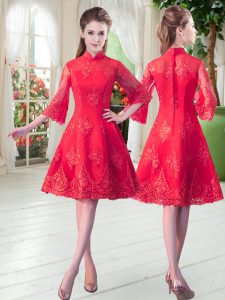 Beauteous Knee Length A-line 3 4 Length Sleeve Red Prom Dresses Zipper