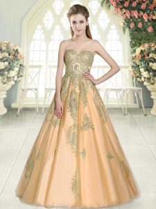 Cute Tulle Sweetheart Sleeveless Lace Up Appliques Prom Evening Gown in Peach
