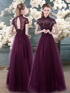 Exceptional Purple Short Sleeves Floor Length Beading and Appliques Backless Evening Party Dresses