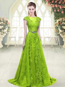 Yellow Green Homecoming Dress Prom and Party with Beading and Pick Ups Scoop Sleeveless Sweep Train Zipper