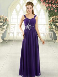 Decent Purple Sleeveless Floor Length Beading and Ruching Lace Up Prom Dress