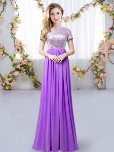 Short Sleeves Floor Length Sequins Zipper Bridesmaid Dress with Purple