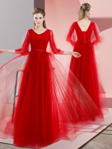 Most Popular Long Sleeves Floor Length Beading Lace Up Prom Dress with Red