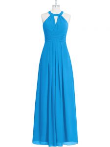 Blue Zipper Prom Dresses Ruching Sleeveless Floor Length