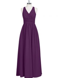 Pretty Eggplant Purple Sleeveless Floor Length Ruching Zipper Prom Evening Gown