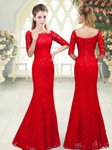 Best Red 3 4 Length Sleeve Lace Lace Up Dress for Prom for Prom and Party