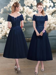 High End Scalloped Short Sleeves Zipper Lace Prom Dresses in Navy Blue