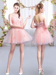 Scoop Half Sleeves Quinceanera Court Dresses Mini Length Appliques Pink Tulle