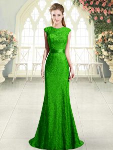 Scoop Cap Sleeves Homecoming Dress Sweep Train Beading and Lace Green