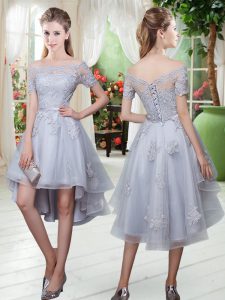 Modest Grey Off The Shoulder Lace Up Appliques Dress for Prom Short Sleeves