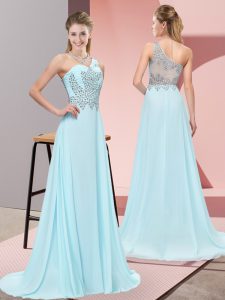 Luxurious Baby Blue Evening Wear Prom and Party and Military Ball with Beading One Shoulder Sleeveless Sweep Train Side Zipper