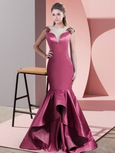 High End Red Satin Side Zipper Prom Dress Sleeveless Sweep Train Beading and Appliques