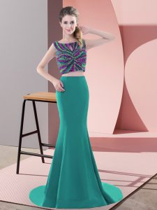 Noble Turquoise Evening Dress Prom and Party with Beading Scoop Sleeveless Sweep Train Backless