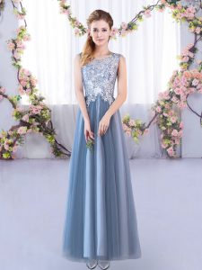 A-line Bridesmaid Gown Blue Scoop Tulle Sleeveless Floor Length Lace Up