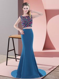 Fine Sweep Train Two Pieces Prom Evening Gown Teal Scoop Satin Sleeveless Backless