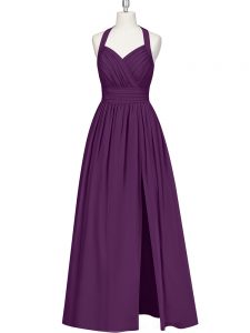 Halter Top Sleeveless Zipper Prom Evening Gown Eggplant Purple Chiffon