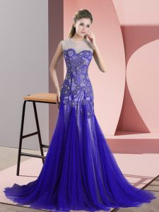 Nice Backless Prom Gown Blue for Prom and Party and Military Ball with Beading and Appliques Sweep Train