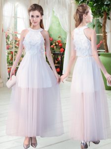 Scoop Sleeveless Prom Gown Ankle Length Appliques White Tulle