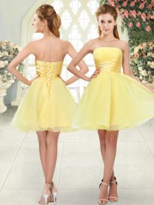 Lovely Yellow Strapless Neckline Beading Dress for Prom Sleeveless Lace Up