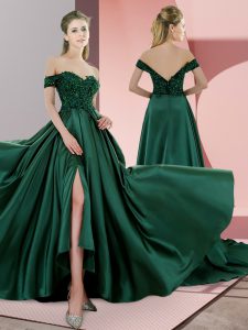 Flare Green A-line Satin Spaghetti Straps Sleeveless Beading Lace Up Prom Evening Gown Sweep Train