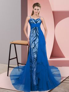Blue Zipper Spaghetti Straps Beading and Lace Evening Dress Tulle Sleeveless Sweep Train