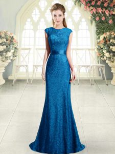 Glamorous Beading and Lace Blue Backless Cap Sleeves Sweep Train