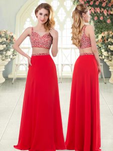 Custom Designed Floor Length Zipper Juniors Evening Dress Red for Prom and Party with Beading