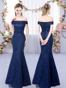 Off The Shoulder Sleeveless Lace Up Lace Bridesmaid Gown in Navy Blue