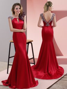 Red Cap Sleeves Beading Backless Evening Outfits