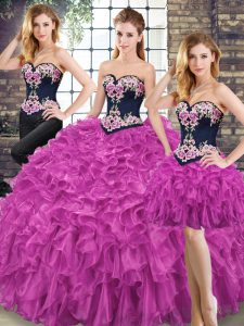 New Style Fuchsia Sweetheart Lace Up Embroidery and Ruffles Quinceanera Gowns Sleeveless