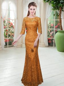 Orange Zipper Homecoming Dress Half Sleeves Floor Length Lace