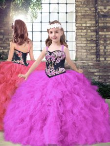 High Class Fuchsia Straps Lace Up Embroidery and Ruffles Pageant Dress for Girls Sleeveless