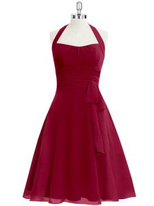 Ideal Wine Red A-line Chiffon Halter Top Sleeveless Ruching Knee Length Zipper Prom Party Dress