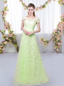 Yellow Green Cap Sleeves Floor Length Appliques Lace Up Dama Dress for Quinceanera