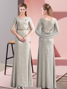 Modern Grey Zipper Scoop Half Sleeves Floor Length Prom Evening Gown Belt