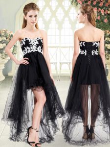 Black Tulle Lace Up Sweetheart Sleeveless High Low Appliques