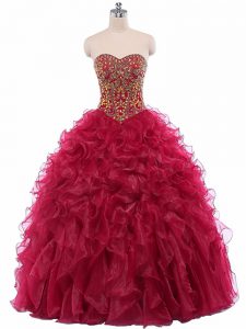 Fantastic Wine Red Sweetheart Neckline Beading and Ruffles Sweet 16 Dresses Sleeveless Lace Up