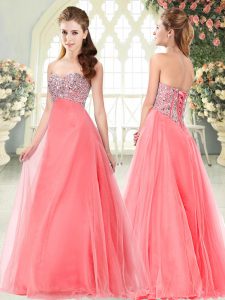 Watermelon Red Sleeveless Tulle Lace Up Prom Gown for Prom and Party