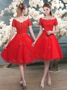 Low Price Red A-line Tulle Off The Shoulder Short Sleeves Lace Knee Length Lace Up Prom Gown
