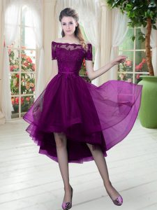 Lace Prom Party Dress Purple Lace Up Short Sleeves High Low