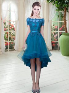 High Low Teal Prom Party Dress Off The Shoulder Short Sleeves Lace Up