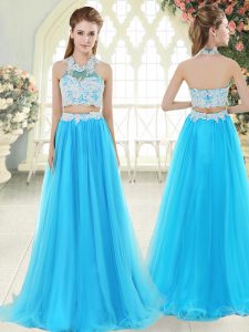 Floor Length Two Pieces Sleeveless Aqua Blue Prom Evening Gown Zipper