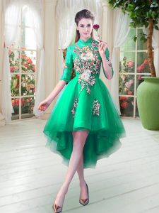 Half Sleeves Tulle High Low Zipper Homecoming Dress in Turquoise with Appliques