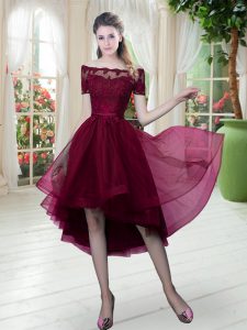 High Low Burgundy Evening Dress Off The Shoulder Short Sleeves Lace Up