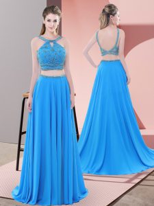 Flare Blue Prom and Party with Beading Straps Sleeveless Sweep Train Backless