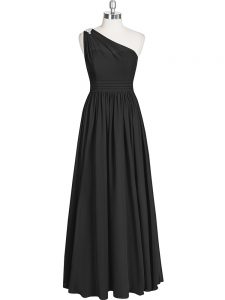 Black A-line Chiffon One Shoulder Sleeveless Ruching Floor Length Zipper Prom Dress