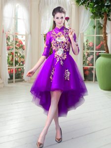 Tulle High-neck Half Sleeves Zipper Appliques Homecoming Dress in Purple