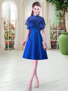 Enchanting Royal Blue Prom Evening Gown Prom with Ruffled Layers High-neck Cap Sleeves Lace Up