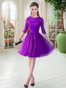 Customized Knee Length Purple Evening Dress Tulle Half Sleeves Lace