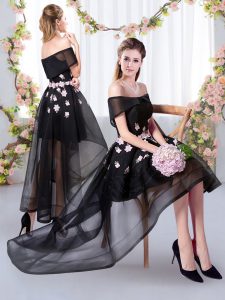 High Low Black Wedding Party Dress Off The Shoulder Short Sleeves